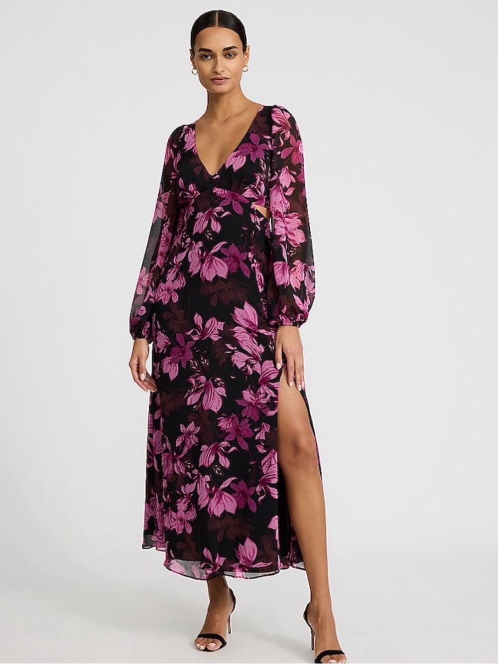 Express Black Maxi Dress with Pink Floral Print